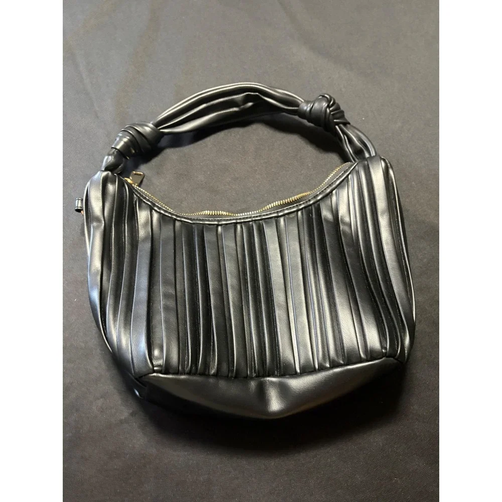 Urban Expressions Black Pleated Vegan Leather Hobo Bag Knotted Handle Crossbody